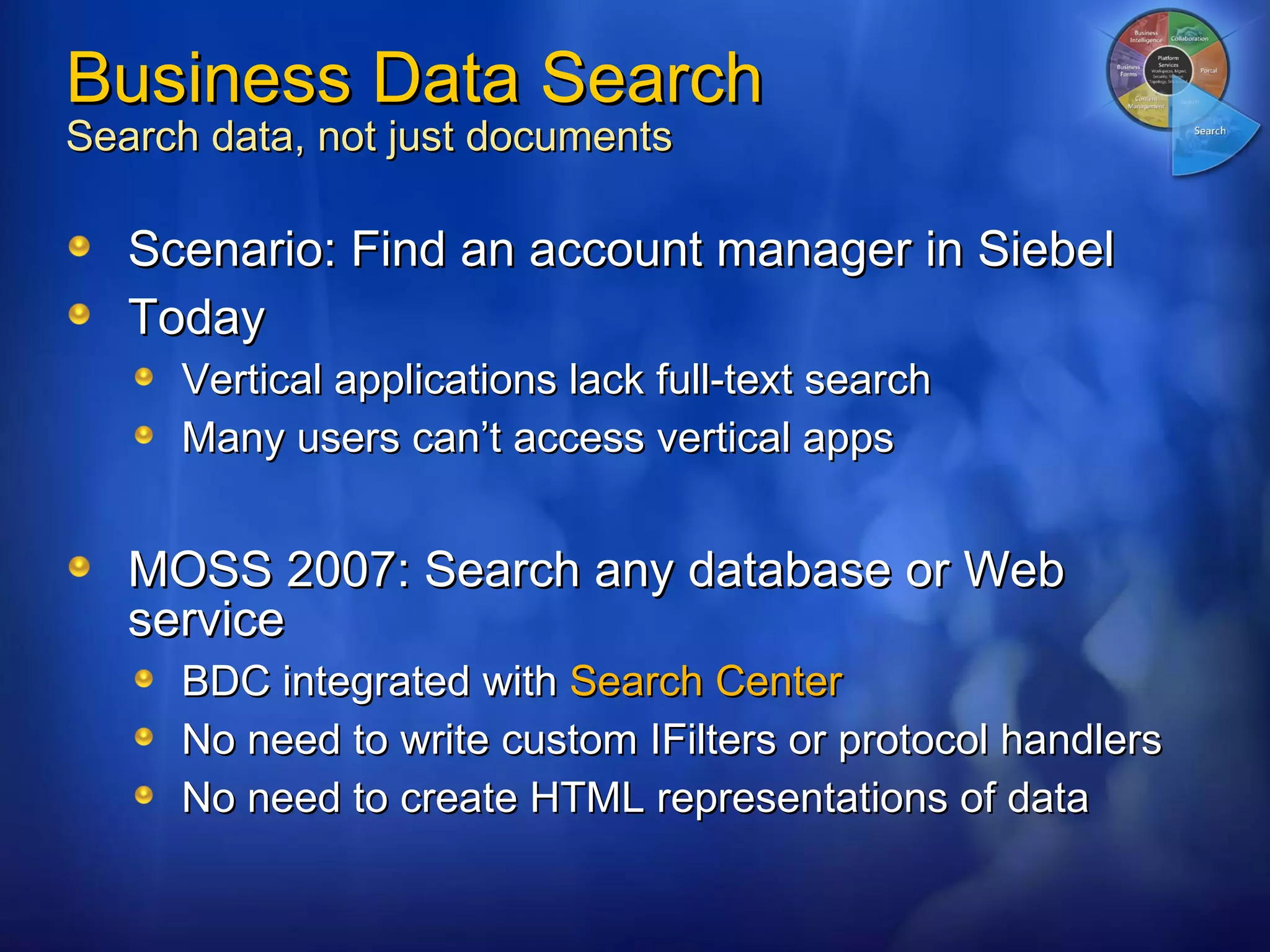 Business Data Search Search data, not just documents Scenario: Find an account manager in Siebel Today Vertical applications lack full-text search Many users can’t access vertical apps MOSS 2007: Search any database or Web service BDC integrated with  Search Center No need to write custom IFilters or protocol handlers No need to create HTML representations of data 