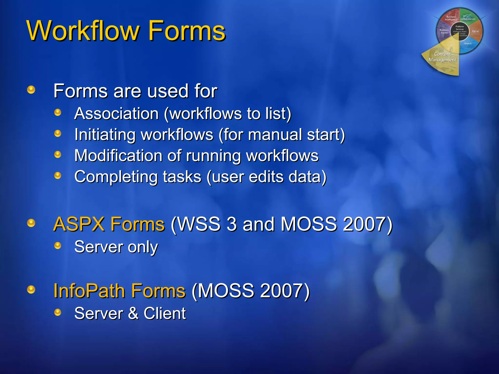 Workflow Forms Forms are used for Association (workflows to list) Initiating workflows (for manual start) Modification of running workflows Completing tasks (user edits data) ASPX Forms  (WSS 3 and MOSS 2007) Server only InfoPath Forms  (MOSS 2007) Server & Client 