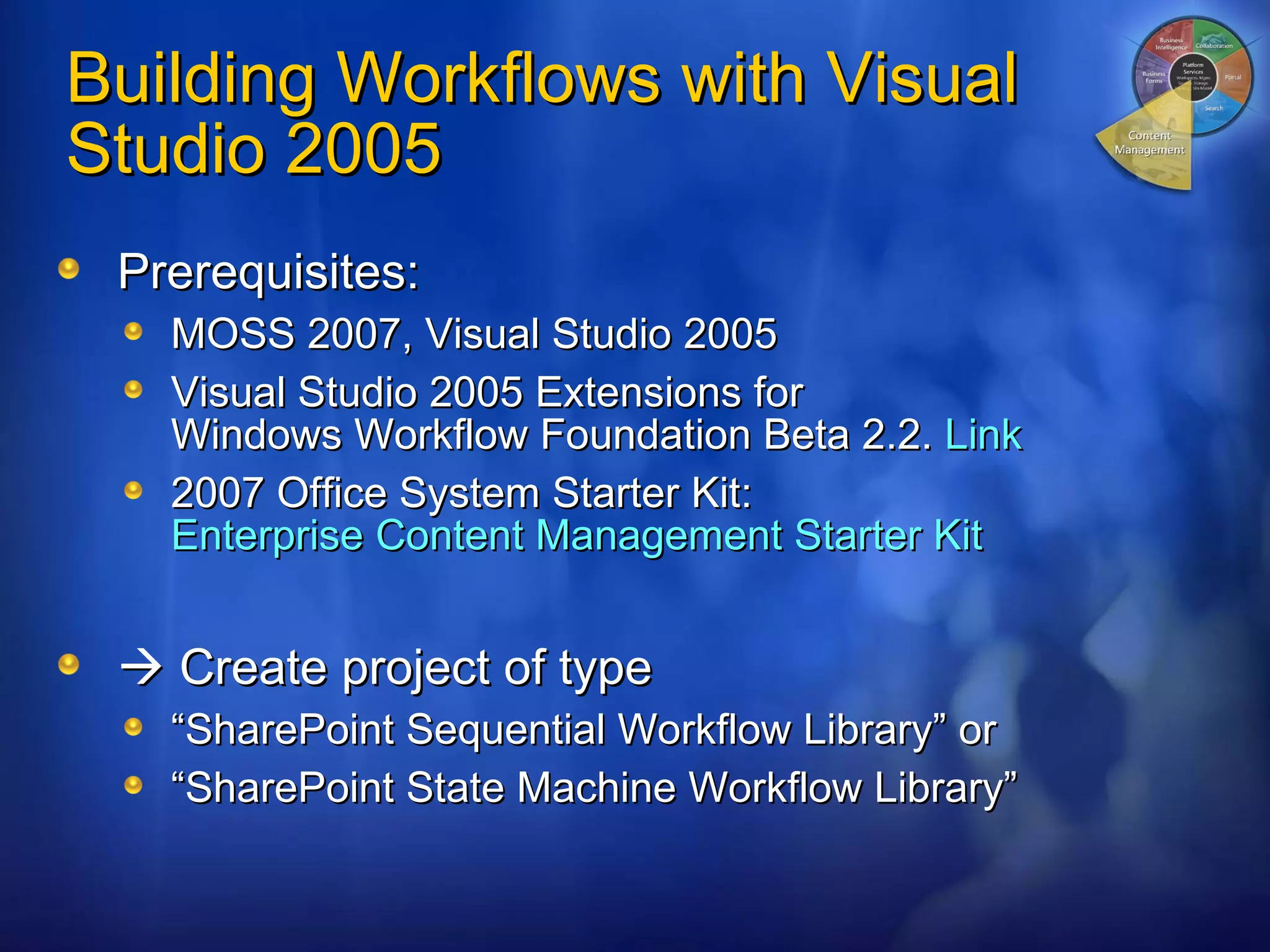 Building Workflows with Visual Studio 2005 Prerequisites: MOSS 2007, Visual Studio 2005 Visual Studio 2005 Extensions for  Windows Workflow Foundation Beta 2.2.  Link  2007 Office System Starter Kit:  Enterprise Content Management Starter Kit     Create project of type  “ SharePoint Sequential Workflow Library” or “ SharePoint State Machine Workflow Library” 