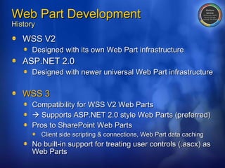 Web Part Development History WSS V2 Designed with its own Web Part infrastructure ASP.NET 2.0 Designed with newer universal Web Part infrastructure WSS 3 Compatibility for WSS V2 Web Parts    Supports ASP.NET 2.0 style Web Parts (preferred) Pros to SharePoint Web Parts Client side scripting & connections, Web Part data caching No built-in support for treating user controls (.ascx) as Web Parts 