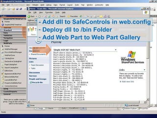 - Add dll to SafeControls in web.config Deploy dll to /bin Folder Add Web Part to Web Part Gallery 