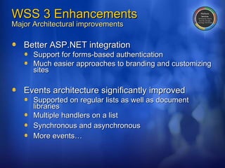WSS 3 Enhancements Major Architectural improvements Better ASP.NET integration Support for forms-based authentication Much easier approaches to branding and customizing sites  Events architecture significantly improved Supported on regular lists as well as document libraries Multiple handlers on a list S ynchronous and asynchronous More events… 