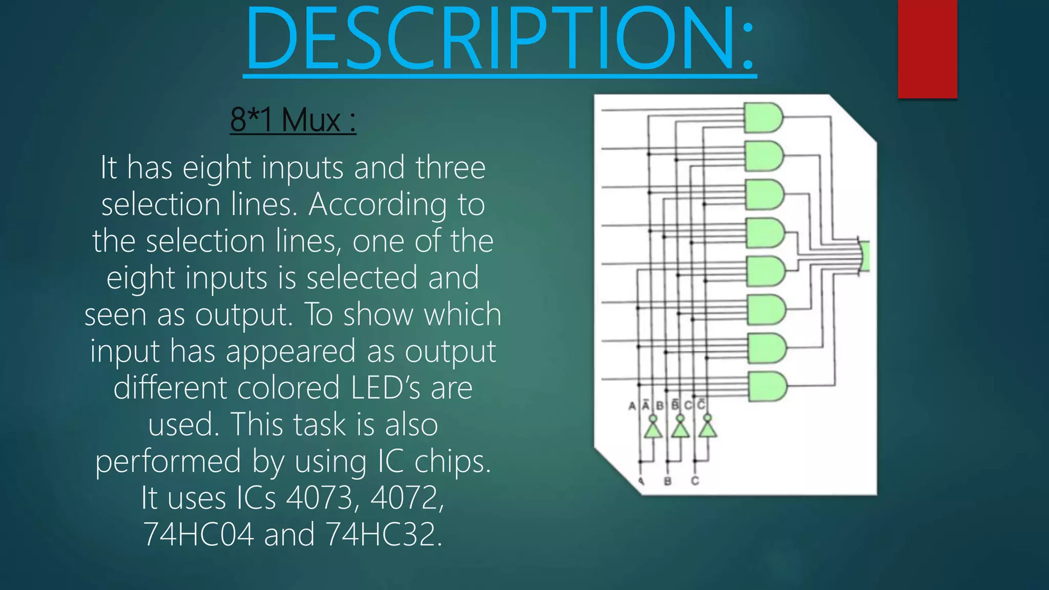DESCRIPTION:
8*1 Mux :
It has eight inputs and three
selection lines. According to
the selection lines, one of the
eight inputs is selected and
seen as output. To show which
input has appeared as output
different colored LED’s are
used. This task is also
performed by using IC chips.
It uses ICs 4073, 4072,
74HC04 and 74HC32.
 