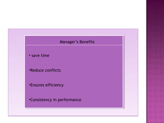 Manager’s Benefits
• save time
•Reduce conflicts
•Ensures efficiency
•Consistency in performance
 