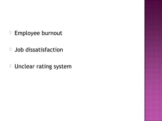  Employee burnout
 Job dissatisfaction
 Unclear rating system
 