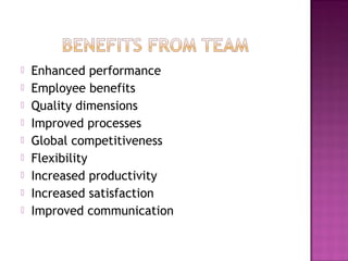  Enhanced performance
 Employee benefits
 Quality dimensions
 Improved processes
 Global competitiveness
 Flexibility
 Increased productivity
 Increased satisfaction
 Improved communication
 