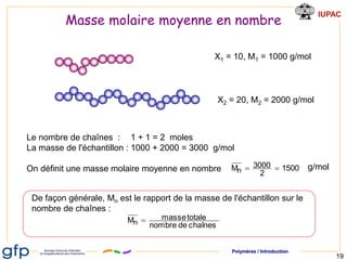 Polymères / Introduction
IUPAC
19
X1 = 10, M1 = 1000 g/mol
X2 = 20, M2 = 2000 g/mol
Le nombre de chaînes : 1 + 1 = 2 moles...