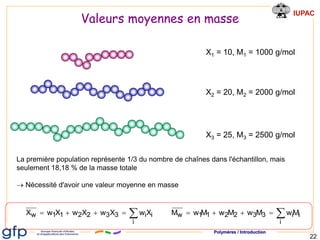 Polymères / Introduction
IUPAC
22
X1 = 10, M1 = 1000 g/mol
X2 = 20, M2 = 2000 g/mol
X3 = 25, M3 = 2500 g/mol
La première p...