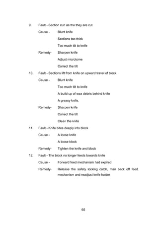 65
9. Fault - Section curl as the they are cut
Cause - Blunt knife
Sections too thick
Too much tilt to knife
Remedy- Sharpen knife
Adjust microtome
Correct the tilt
10. Fault - Sections lift from knife on upward travel of block
Cause - Blunt knife
Too much tilt to knife
A build up of wax debris behind knife
A greasy knife.
Remedy- Sharpen knife
Correct the tilt
Clean the knife
11. Fault - Knife bites deeply into block
Cause - A loose knife
A loose block
Remedy- Tighten the knife and block
12. Fault - The block no longer feeds towards knife
Cause - Forward feed mechanism had expired
Remedy- Release the safety locking catch, man back off feed
mechanism and readjust knife holder
 