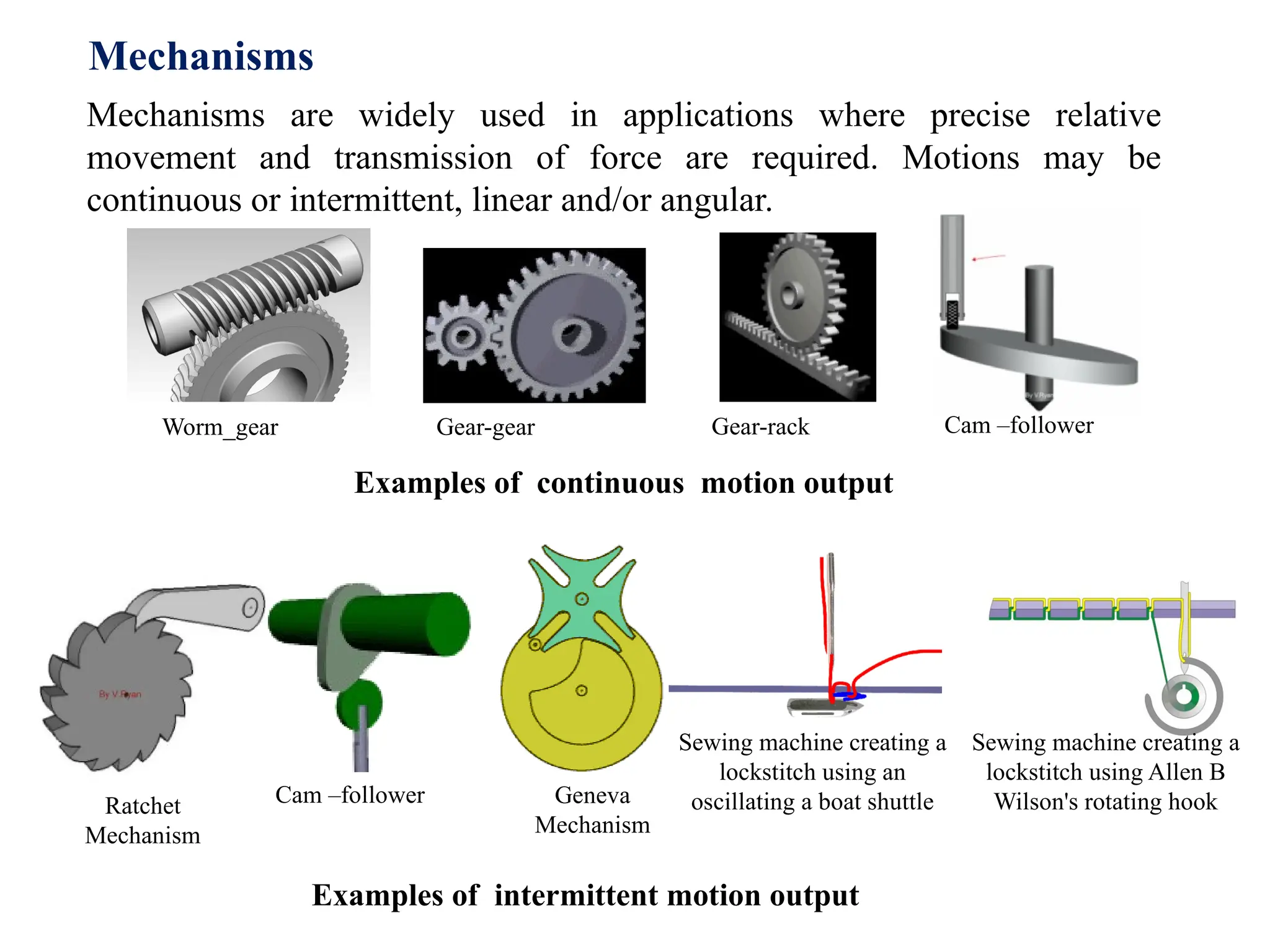 Mechanisms are widely used in applications where precise relative
movement and transmission of force are required. Motions may be
continuous or intermittent, linear and/or angular.
Mechanisms
Worm_gear Gear-gear Gear-rack
Examples of continuous motion output
Examples of intermittent motion output
Cam –follower
Sewing machine creating a
lockstitch using an
oscillating a boat shuttle
Sewing machine creating a
lockstitch using Allen B
Wilson's rotating hook
Geneva
Mechanism
Cam –follower
Ratchet
Mechanism
 