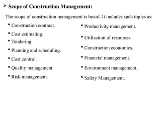 Introduction of construction Management in civil engineering | PPTX