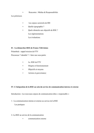 • Rencontre : Médias & Responsabilités
Les prémisces
• Les enjeux sectoriels de DD
• Quelle typographie ?
• Quels obstacles aux objectifs de RSE ?
Les règlementations
Les évaluations
II – La démarches RSE de France Télévisions
Préambule : rappel mission de FTV
Precurseur ? idendité ? > faire une sous partie
• La RSE de FTV
• Origine et fonctionnement
• Objectifs et moyens
• Actions et gouvernance
IV- L’intégration de la RSE au sein du service de communication interne et externe
Introduction : Les nouveaux enjeux de communication dites « responsable »
1 - La communication interne et externe au service de la RSE
Les pratiques
2- La RSE au service de la communication
• communication externe
 
