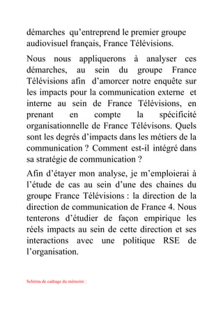 démarches qu’entreprend le premier groupe
audiovisuel français, France Télévisions.
Nous nous appliquerons à analyser ces
démarches, au sein du groupe France
Télévisions afin d’amorcer notre enquête sur
les impacts pour la communication externe et
interne au sein de France Télévisions, en
prenant en compte la spécificité
organisationnelle de France Télévisons. Quels
sont les degrés d’impacts dans les métiers de la
communication ? Comment est-il intégré dans
sa stratégie de communication ?
Afin d’étayer mon analyse, je m’emploierai à
l’étude de cas au sein d’une des chaines du
groupe France Télévisions : la direction de la
direction de communication de France 4. Nous
tenterons d’étudier de façon empirique les
réels impacts au sein de cette direction et ses
interactions avec une politique RSE de
l’organisation.
Schéma de cadrage du mémoire :
 