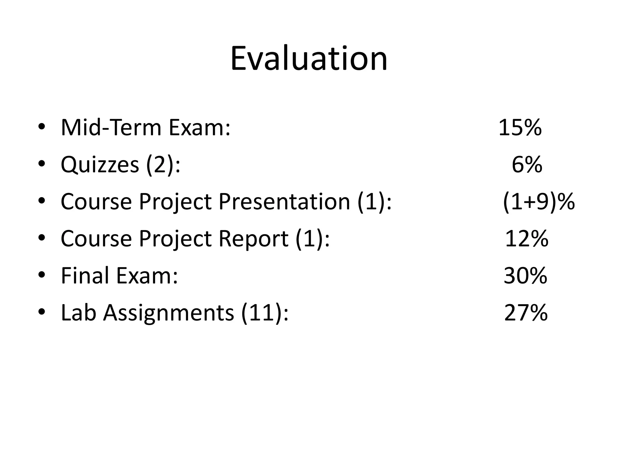 Evaluation
• Mid-Term Exam: 15%
• Quizzes (2): 6%
• Course Project Presentation (1): (1+9)%
• Course Project Report (1): 12%
• Final Exam: 30%
• Lab Assignments (11): 27%
 