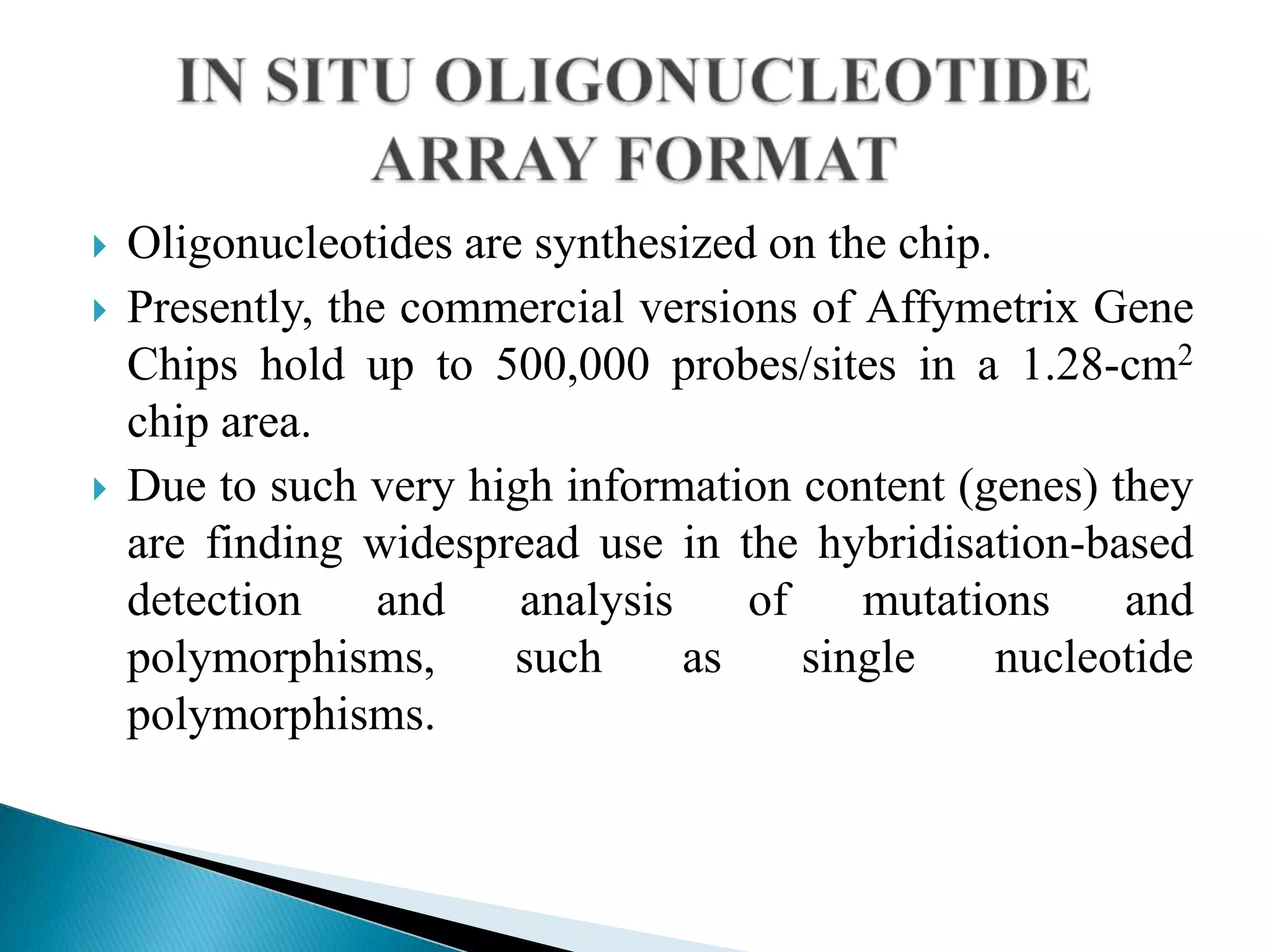 




Oligonucleotides are synthesized on the chip.
Presently, the commercial versions of Affymetrix Gene
Chips hold up to 500,000 probes/sites in a 1.28-cm2
chip area.
Due to such very high information content (genes) they
are finding widespread use in the hybridisation-based
detection
and
analysis
of
mutations
and
polymorphisms,
such
as
single
nucleotide
polymorphisms.

 