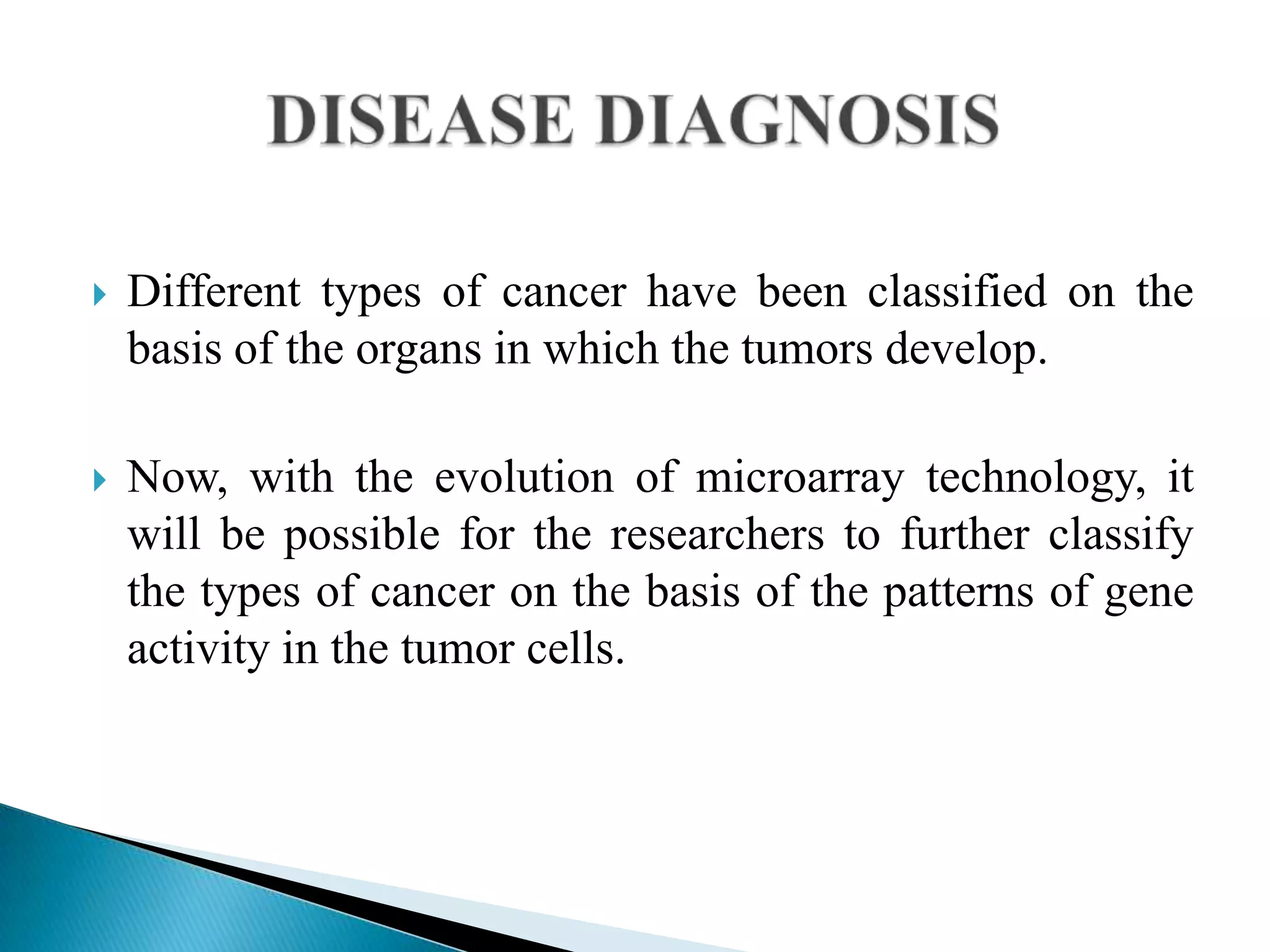 

Different types of cancer have been classified on the
basis of the organs in which the tumors develop.



Now, with the evolution of microarray technology, it
will be possible for the researchers to further classify
the types of cancer on the basis of the patterns of gene
activity in the tumor cells.

 