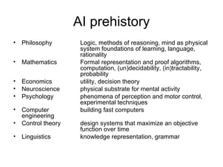 AI prehistory Philosophy Logic, methods of reasoning, mind as physical    system foundations of learning, language, rationality Mathematics Formal representation and proof algorithms, computation, (un)decidability, (in)tractability, probability Economics utility, decision theory  Neuroscience physical substrate for mental activity Psychology  phenomena of perception and motor control, experimental techniques Computer  building fast computers  engineering Control theory design systems that maximize an objective function over time  Linguistics knowledge representation, grammar 