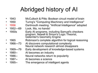 Abridged history of AI 1943  McCulloch & Pitts: Boolean circuit model of brain 1950  Turing's "Computing Machinery and Intelligence" 1956 Dartmouth meeting: "Artificial Intelligence" adopted 1952—69 Look, Ma, no hands!  1950s Early AI programs, including Samuel's checkers program, Newell & Simon's Logic Theorist,  Gelernter's Geometry Engine 1965 Robinson's complete algorithm for logical reasoning 1966—73 AI discovers computational complexity Neural network research almost disappears 1969—79 Early development of knowledge-based systems 1980--  AI becomes an industry  1986--  Neural networks return to popularity 1987-- AI becomes a science  1995-- The emergence of intelligent agents  