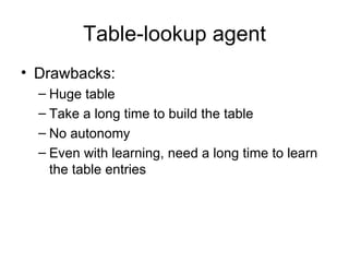 Table-lookup agent Drawbacks: Huge table Take a long time to build the table No autonomy Even with learning, need a long time to learn the table entries 