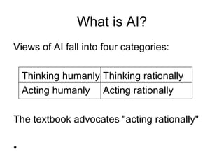 What is AI? Views of AI fall into four categories: Thinking humanly Thinking rationally  Acting humanly Acting rationally  The textbook advocates "acting rationally" 