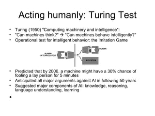 Acting humanly: Turing Test Turing (1950) "Computing machinery and intelligence": "Can machines think?"    "Can machines behave intelligently?" Operational test for intelligent behavior: the Imitation Game Predicted that by 2000, a machine might have a 30% chance of fooling a lay person for 5 minutes Anticipated all major arguments against AI in following 50 years Suggested major components of AI: knowledge, reasoning, language understanding, learning 
