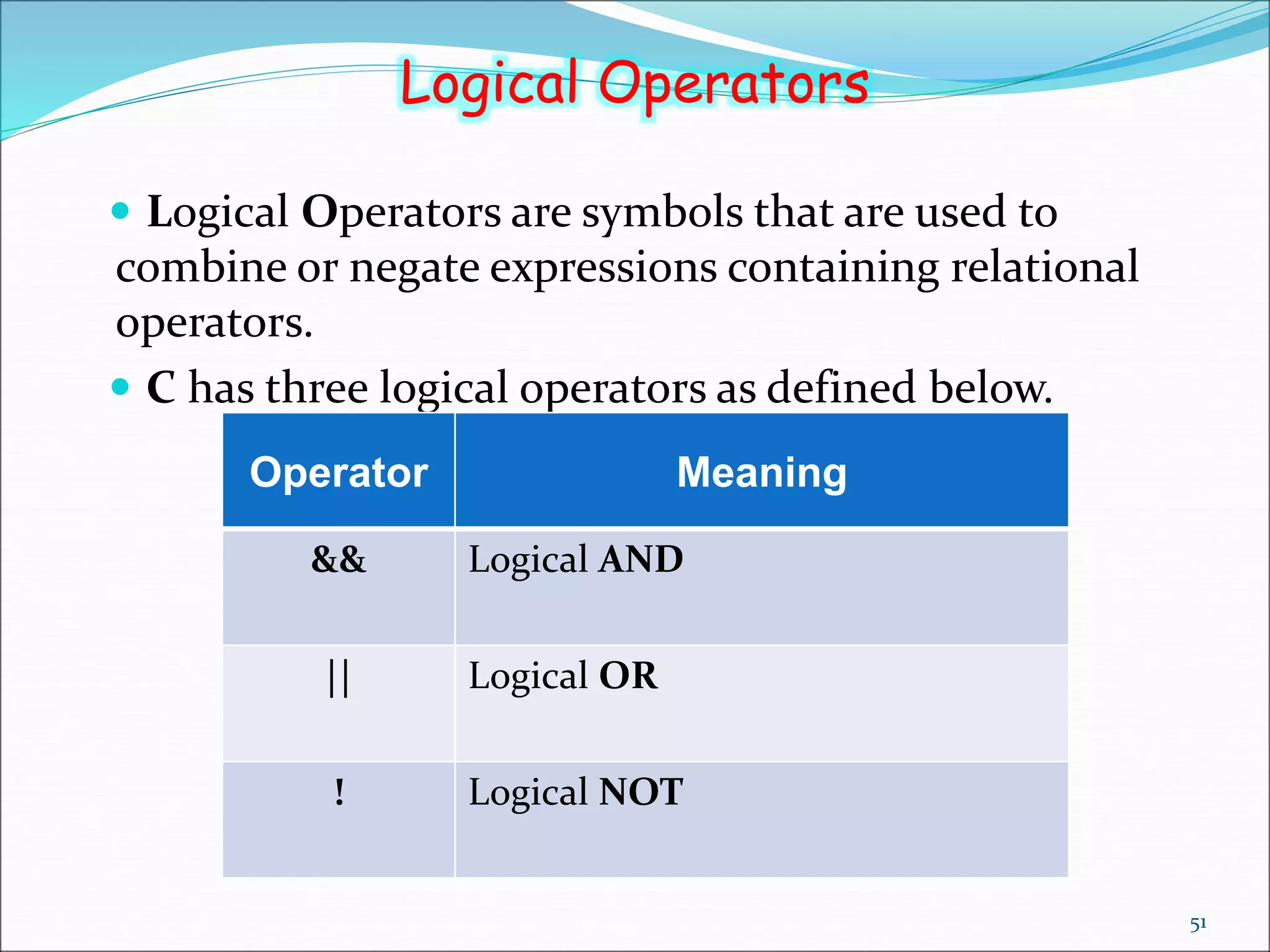 Logical Operators
51
 Logical Operators are symbols that are used to
combine or negate expressions containing relational
operators.
 C has three logical operators as defined below.
Operator Meaning
&& Logical AND
|| Logical OR
! Logical NOT
 