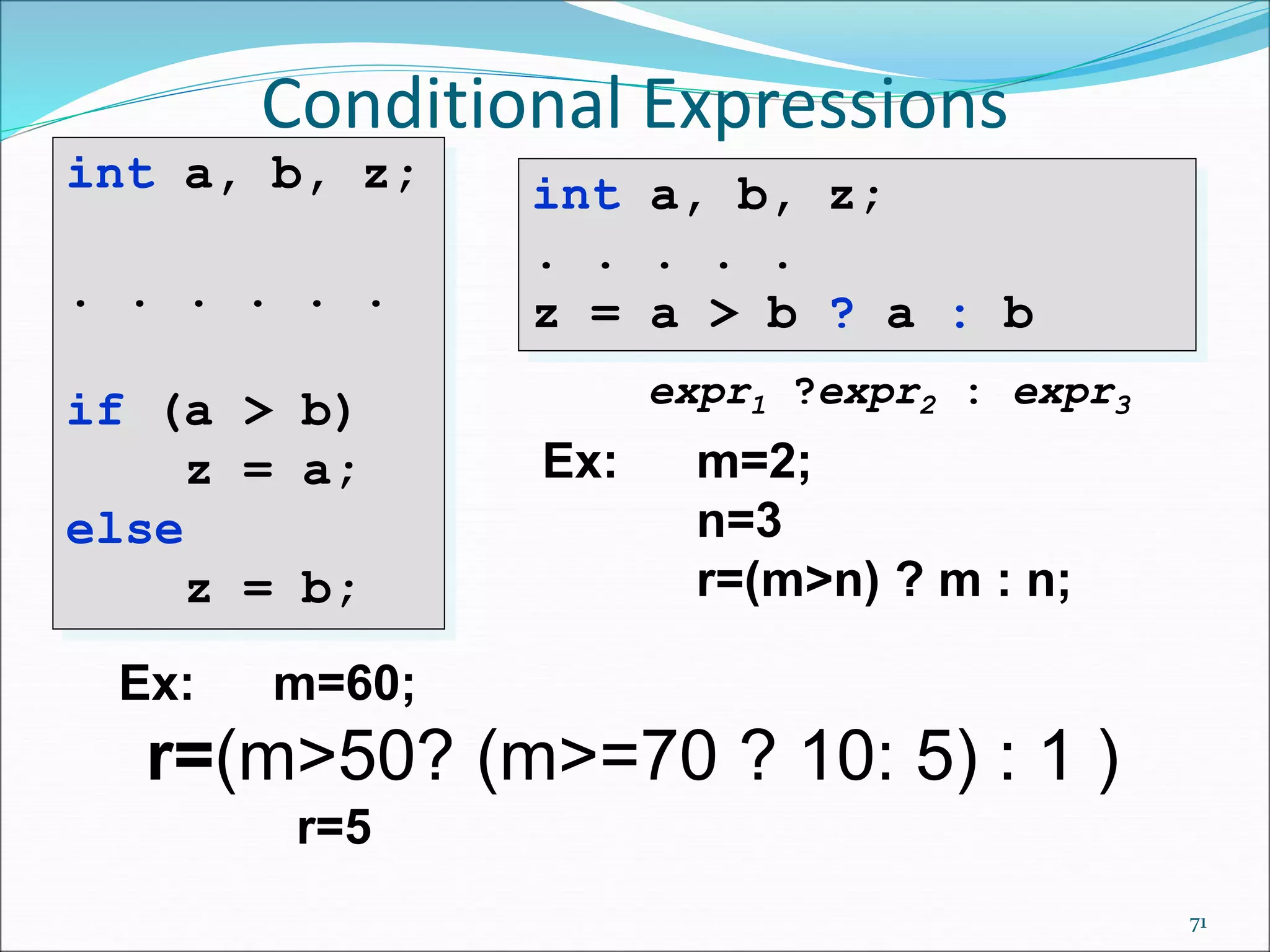 Conditional Expressions
71
int a, b, z;
. . . . . .
if (a > b)
z = a;
else
z = b;
int a, b, z;
. . . . .
z = a > b ? a : b
expr1 ?expr2 : expr3
Ex: m=2;
n=3
r=(m>n) ? m : n;
Ex: m=60;
r=(m>50? (m>=70 ? 10: 5) : 1 )
r=5
 