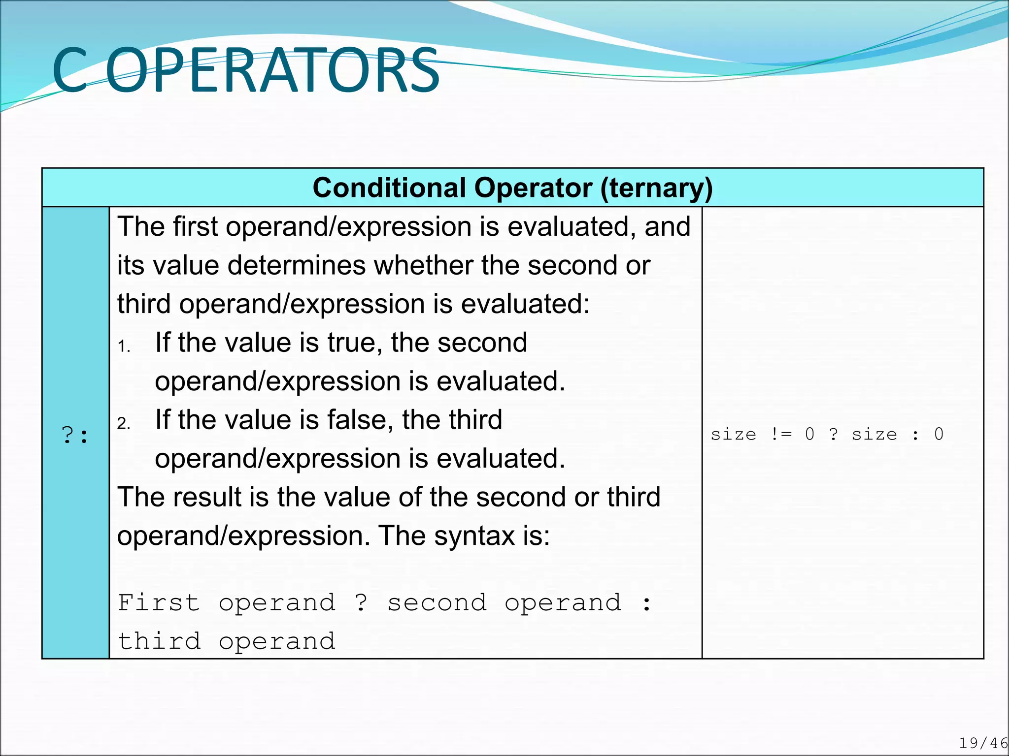 Conditional Operator (ternary)
?:
The first operand/expression is evaluated, and
its value determines whether the second or
third operand/expression is evaluated:
1. If the value is true, the second
operand/expression is evaluated.
2. If the value is false, the third
operand/expression is evaluated.
The result is the value of the second or third
operand/expression. The syntax is:
First operand ? second operand :
third operand
size != 0 ? size : 0
C OPERATORS
19/46
 