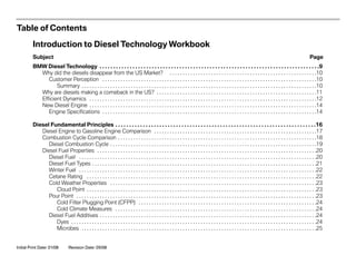 Initial Print Date: 01/08
Table of Contents
Subject Page
BMW Diesel Technology . . . . . . . . . . . . . . . . . . . . . . . . . . . . . . . . . . . . . . . . . . . . . . . . . . . . . . . . . . . . . . . . . . . . . . . . . . . . . . . .9
Why did the diesels disappear from the US Market? . . . . . . . . . . . . . . . . . . . . . . . . . . . . . . . . . . . . . . . . . . . . . . . . . . . . . . . . .10
Customer Perception . . . . . . . . . . . . . . . . . . . . . . . . . . . . . . . . . . . . . . . . . . . . . . . . . . . . . . . . . . . . . . . . . . . . . . . . . . . . . . . . . . .10
Summary . . . . . . . . . . . . . . . . . . . . . . . . . . . . . . . . . . . . . . . . . . . . . . . . . . . . . . . . . . . . . . . . . . . . . . . . . . . . . . . . . . . . . . . . . . .10
Why are diesels making a comeback in the US? . . . . . . . . . . . . . . . . . . . . . . . . . . . . . . . . . . . . . . . . . . . . . . . . . . . . . . . . . . . . . .11
Efficient Dynamics . . . . . . . . . . . . . . . . . . . . . . . . . . . . . . . . . . . . . . . . . . . . . . . . . . . . . . . . . . . . . . . . . . . . . . . . . . . . . . . . . . . . . . . .12
New Diesel Engine . . . . . . . . . . . . . . . . . . . . . . . . . . . . . . . . . . . . . . . . . . . . . . . . . . . . . . . . . . . . . . . . . . . . . . . . . . . . . . . . . . . . . . . .14
Engine Specifications . . . . . . . . . . . . . . . . . . . . . . . . . . . . . . . . . . . . . . . . . . . . . . . . . . . . . . . . . . . . . . . . . . . . . . . . . . . . . . . . . . .14
Diesel Fundamental Principles . . . . . . . . . . . . . . . . . . . . . . . . . . . . . . . . . . . . . . . . . . . . . . . . . . . . . . . . . . . . . . . . . . . . . . . . .16
Diesel Engine to Gasoline Engine Comparison . . . . . . . . . . . . . . . . . . . . . . . . . . . . . . . . . . . . . . . . . . . . . . . . . . . . . . . . . . . . . . .17
Combustion Cycle Comparison . . . . . . . . . . . . . . . . . . . . . . . . . . . . . . . . . . . . . . . . . . . . . . . . . . . . . . . . . . . . . . . . . . . . . . . . . . . . .18
Diesel Combustion Cycle . . . . . . . . . . . . . . . . . . . . . . . . . . . . . . . . . . . . . . . . . . . . . . . . . . . . . . . . . . . . . . . . . . . . . . . . . . . . . . . .19
Diesel Fuel Properties . . . . . . . . . . . . . . . . . . . . . . . . . . . . . . . . . . . . . . . . . . . . . . . . . . . . . . . . . . . . . . . . . . . . . . . . . . . . . . . . . . . . .20
Diesel Fuel . . . . . . . . . . . . . . . . . . . . . . . . . . . . . . . . . . . . . . . . . . . . . . . . . . . . . . . . . . . . . . . . . . . . . . . . . . . . . . . . . . . . . . . . . . . .20
Diesel Fuel Types . . . . . . . . . . . . . . . . . . . . . . . . . . . . . . . . . . . . . . . . . . . . . . . . . . . . . . . . . . . . . . . . . . . . . . . . . . . . . . . . . . . . . . .21
Winter Fuel . . . . . . . . . . . . . . . . . . . . . . . . . . . . . . . . . . . . . . . . . . . . . . . . . . . . . . . . . . . . . . . . . . . . . . . . . . . . . . . . . . . . . . . . . . . .22
Cetane Rating . . . . . . . . . . . . . . . . . . . . . . . . . . . . . . . . . . . . . . . . . . . . . . . . . . . . . . . . . . . . . . . . . . . . . . . . . . . . . . . . . . . . . . . . .22
Cold Weather Properties . . . . . . . . . . . . . . . . . . . . . . . . . . . . . . . . . . . . . . . . . . . . . . . . . . . . . . . . . . . . . . . . . . . . . . . . . . . . . . . .23
Cloud Point . . . . . . . . . . . . . . . . . . . . . . . . . . . . . . . . . . . . . . . . . . . . . . . . . . . . . . . . . . . . . . . . . . . . . . . . . . . . . . . . . . . . . . . . .23
Pour Point . . . . . . . . . . . . . . . . . . . . . . . . . . . . . . . . . . . . . . . . . . . . . . . . . . . . . . . . . . . . . . . . . . . . . . . . . . . . . . . . . . . . . . . . . . . . .23
Cold Filter Plugging Point (CFPP) . . . . . . . . . . . . . . . . . . . . . . . . . . . . . . . . . . . . . . . . . . . . . . . . . . . . . . . . . . . . . . . . . . . . .24
Cold Climate Measures . . . . . . . . . . . . . . . . . . . . . . . . . . . . . . . . . . . . . . . . . . . . . . . . . . . . . . . . . . . . . . . . . . . . . . . . . . . . . .24
Diesel Fuel Additives . . . . . . . . . . . . . . . . . . . . . . . . . . . . . . . . . . . . . . . . . . . . . . . . . . . . . . . . . . . . . . . . . . . . . . . . . . . . . . . . . . . .24
Dyes . . . . . . . . . . . . . . . . . . . . . . . . . . . . . . . . . . . . . . . . . . . . . . . . . . . . . . . . . . . . . . . . . . . . . . . . . . . . . . . . . . . . . . . . . . . . . . .24
Microbes . . . . . . . . . . . . . . . . . . . . . . . . . . . . . . . . . . . . . . . . . . . . . . . . . . . . . . . . . . . . . . . . . . . . . . . . . . . . . . . . . . . . . . . . . . .25
Introduction to Diesel Technology Workbook
Revision Date: 05/08
 