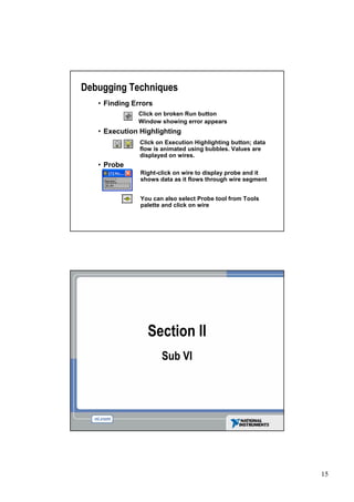 Debugging Techniques
   •Finding Errors
              Click on broken Run button
              Window showing error appears
   •Execution Highlighting
              Click on Execution Highlighting button; data
              flow is animated using bubbles. Values are
              displayed on wires.
   •Probe
              Right-click on wire to display probe and it
              shows data as it flows through wire segment


              You can also select Probe tool from Tools
              palette and click on wire




                Section II
                     Sub VI




                                                             15
 