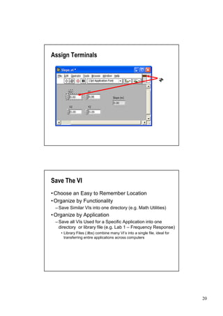 Assign Terminals




Save The VI
•
Choose an Easy to Remember Location
•
Organize by Functionality
 –Save Similar VIs into one directory (e.g. Math Utilities)
•
Organize by Application
 –Save all VIs Used for a Specific Application into one
  directory or library file (e.g. Lab 1 –Frequency Response)
    •Library Files (.llbs) combine many VI’into a single file, ideal for
                                            s
     transferring entire applications across computers




                                                                           20
 