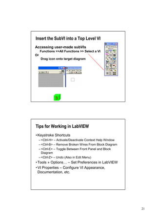 Insert the SubVI into a Top Level VI
Accessing user-made subVIs
     Functions >>All Functions >> Select a VI
Or
     Drag icon onto target diagram




               3




Tips for Working in LabVIEW
•
Keystroke Shortcuts
 –<Ctrl-H> –Activate/Deactivate Context Help Window
 –<Ctrl-B> –Remove Broken Wires From Block Diagram
 –<Ctrl-E> –Toggle Between Front Panel and Block
  Diagram
 –<Ctrl-Z> –Undo (Also in Edit Menu)
•
Tools » Options… –Set Preferences in LabVIEW
• Properties –Configure VI Appearance,
VI
Documentation, etc.




                                                      21
 
