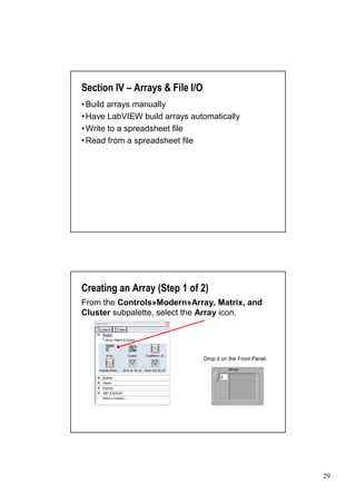 Section IV –Arrays & File I/O
•
Build arrays manually
•
Have LabVIEW build arrays automatically
•
Write to a spreadsheet file
•
Read from a spreadsheet file




Creating an Array (Step 1 of 2)
From the Controls»Modern»Array, Matrix, and
Cluster subpalette, select the Array icon.




                                Drop it on the Front Panel.




                                                              29
 