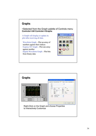 Graphs
•
Selected from the Graph palette of Controls menu
Controls>>All Controls>>Graphs

A Graph will display or update its
plot after receiving all data.

Waveform Graph –   Plot an array of
numbers against their indices
Express XY Graph –   Plot one array
against another
Digital Waveform Graph –   Plot bits
from binary data




Graphs




 Right-Click on the Graph and choose Properties
 to Interactively Customize




                                                   36
 