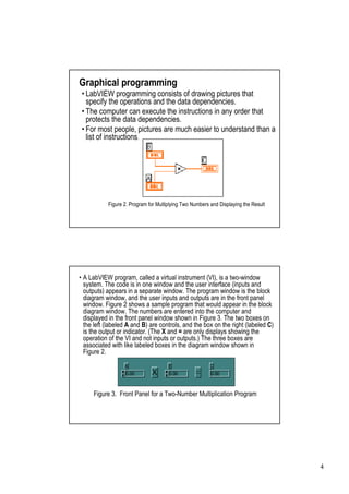 Graphical programming
 •
 LabVIEW programming consists of drawing pictures that
 specify the operations and the data dependencies.
 • computer can execute the instructions in any order that
 The
 protects the data dependencies.
 • most people, pictures are much easier to understand than a
 For
 list of instructions.




           Figure 2. Program for Multiplying Two Numbers and Displaying the Result




• LabVIEW program, called a virtual instrument (VI), is a two-window
 A
 system. The code is in one window and the user interface (inputs and
 outputs) appears in a separate window. The program window is the block
 diagram window, and the user inputs and outputs are in the front panel
 window. Figure 2 shows a sample program that would appear in the block
 diagram window. The numbers are entered into the computer and
 displayed in the front panel window shown in Figure 3. The two boxes on
 the left (labeled A and B) are controls, and the box on the right (labeled C)
 is the output or indicator. (The X and = are only displays showing the
 operation of the VI and not inputs or outputs.) The three boxes are
 associated with like labeled boxes in the diagram window shown in
 Figure 2.




     Figure 3. Front Panel for a Two-Number Multiplication Program




                                                                                     4
 