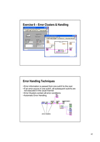 Exercise 6 –Error Clusters & Handling




Error Handling Techniques
•Error information is passed from one subVI to the next
• an error occurs in one subVI, all subsequent subVIs are
 If
 not executed in the usual manner
•Error Clusters contain all error conditions
•Automatic Error Handling




                    error clusters




                                                            42
 