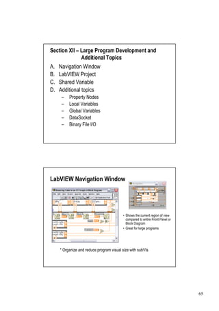 Section XII –Large Program Development and
             Additional Topics
A.   Navigation Window
B.   LabVIEW Project
C.   Shared Variable
D.   Additional topics
      –   Property Nodes
      –   Local Variables
      –   Global Variables
      –   DataSocket
      –   Binary File I/O




LabVIEW Navigation Window




                                          •Shows the current region of view
                                           compared to entire Front Panel or
                                           Block Diagram
                                          •Great for large programs




     * Organize and reduce program visual size with subVIs




                                                                               65
 