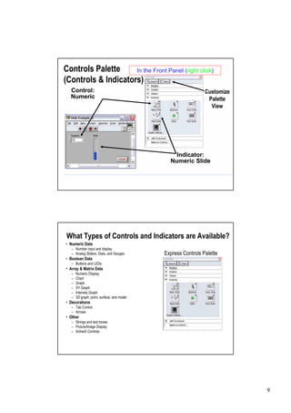 Controls Palette (Placethe Front Panel (right click)
                     In items on the Front Panel Window)
(Controls & Indicators)
  Control:                                                  Customize
  Numeric                                                    Palette
                                                              View




                                              Indicator:
                                            Numeric Slide




 What Types of Controls and Indicators are Available?
•Numeric Data
   –Number input and display
   –Analog Sliders, Dials, and Gauges     Express Controls Palette
•Boolean Data
   –Buttons and LEDs
•Array & Matrix Data
   –Numeric Display
   –Chart
   –Graph
   –XY Graph
   –Intensity Graph
   –3D graph: point, surface, and model
•Decorations
   –Tab Control
   –Arrows
•Other
   –Strings and text boxes
   –Picture/Image Display
   –ActiveX Controls




                                                                        9
 