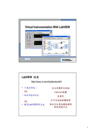 Virtual Instrumentation With LabVIEW




LabVIEW 試用
      http://www.ni.com/trylabview/zht/

•下載試用版：                     台大有購買全校版
 OR                            Labview軟體
                               Labview軟體
‧網路導覽與試用:                         放置於
                          計中全校版軟體網頁
 OR
•購買LabVIEW學生版            請自行注意相關版權限
                           制及認證方式




                                           1
 
