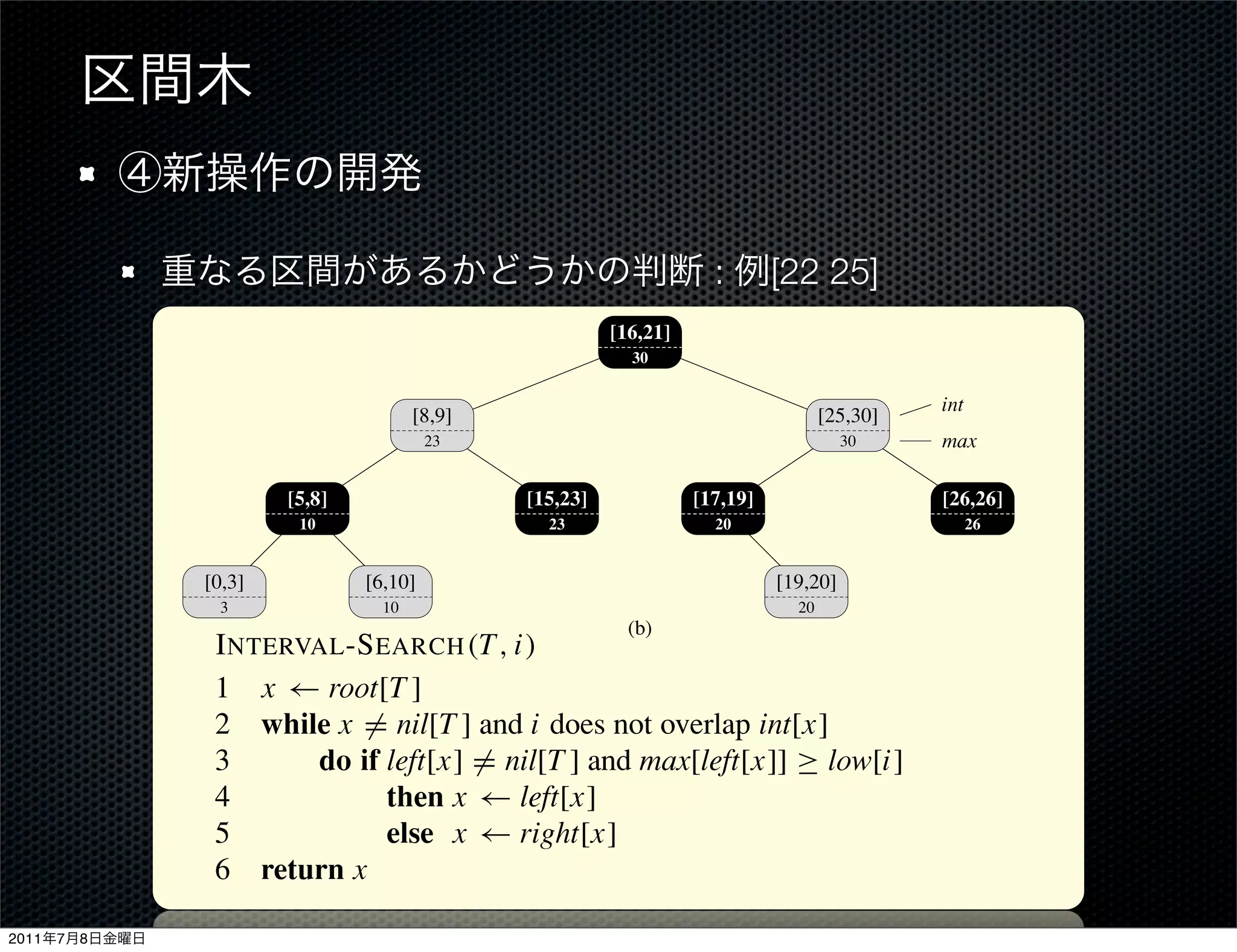 19     20
                                                                              17        19
                                                                        16                   21
                                                                      15                           23
                                                     8       9
                                                 6               10
                                            5            8
                              0         3
                               0             5               10         15              20               25      30
                                                                        (a)

                                                                                    :          [22 25]
                                                                      [16,21]
  314             Chapter 14 Augmenting Data Structures
                                                      30

                                                                                                                 int
                                            [8,9]                                                      [25,30]
                  Step 4: Developing new operations
                                  23                                                                     30      max


                 The only new operation we need is I NTERVAL -S EARCH (T,[26,26]
                         [5,8]                [15,23]        [17,19]             i), which ﬁnds a node
                          10                    23              20                26
                 in tree T whose interval overlaps interval i. If there is no interval that overlaps i in
                [0,3] tree, a pointer to the sentinel nil[T ] is returned.
                 the            [6,10]                               [19,20]
                  3                   10                                                          20
                                                                        (b)
                  I NTERVAL -S EARCH (T, i)
                  1 x ← root[T ]
               Figure 14.4 An interval tree. (a) A set of 10 intervals, shown sorted bottom to top by left endpoint.
                   The while x that represents them. does not overlap int[x]
               (b)2 interval tree = nil[T ] and i An inorder tree walk of the tree lists the nodes in sorted
                               do if
               order by left endpoint. left[x] = nil[T ] and max[left[x]] ≥ low[i]
                  3
                  4                    then x ← left[x]
               Step 3: Maintaining the information
                  5                    else x ← right[x]
                  6 return x
               We must verify that insertion and deletion can be performed in O(lg n) time on an
               interval tree of n nodes. We can determine max[x] given interval int[x] and the
2011   7   8   max values of node x’s children: that overlaps i starts with x at the root
                  The search for an interval                                                                           of the tree and
 
