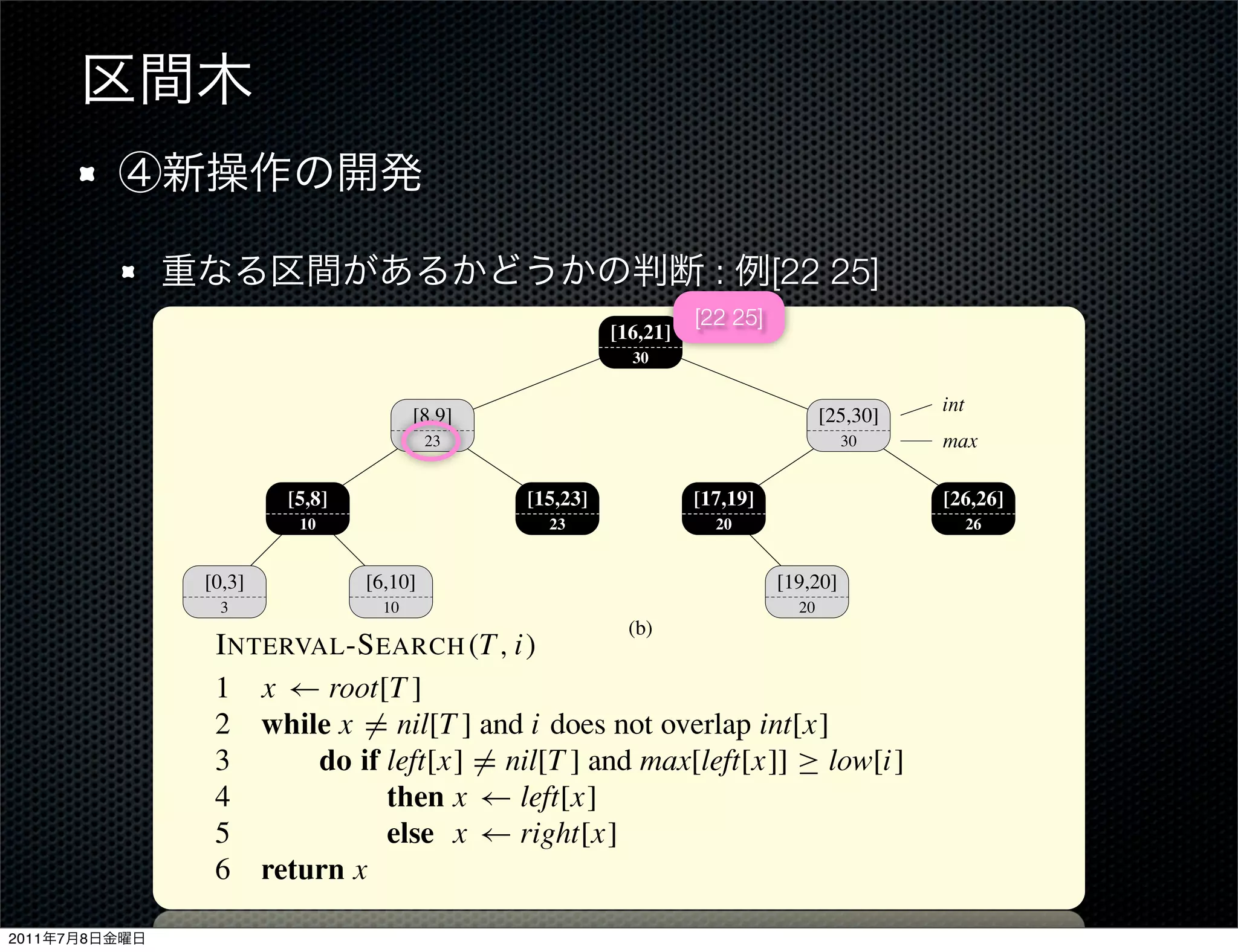 19      20
                                                                              17         19
                                                                        16                    21
                                                                      15                            23
                                                     8       9
                                                 6               10
                                            5            8
                              0         3
                               0             5               10         15               20               25      30
                                                                        (a)

                                                                                     :          [22 25]
                                                                                   [22 25]
                                                                      [16,21]
  314             Chapter 14 Augmenting Data Structures
                                                      30

                                                                                                                  int
                                            [8,9]                                                       [25,30]
                  Step 4: Developing new operations
                                  23                                                                      30      max


                 The only new operation we need is I NTERVAL -S EARCH (T,[26,26]
                         [5,8]                [15,23]        [17,19]             i), which ﬁnds a node
                          10                    23              20                26
                 in tree T whose interval overlaps interval i. If there is no interval that overlaps i in
                [0,3] tree, a pointer to the sentinel nil[T ] is returned.
                 the            [6,10]                               [19,20]
                  3                   10                                                           20
                                                                        (b)
                  I NTERVAL -S EARCH (T, i)
                  1 x ← root[T ]
               Figure 14.4 An interval tree. (a) A set of 10 intervals, shown sorted bottom to top by left endpoint.
                   The while x that represents them. does not overlap int[x]
               (b)2 interval tree = nil[T ] and i An inorder tree walk of the tree lists the nodes in sorted
                               do if
               order by left endpoint. left[x] = nil[T ] and max[left[x]] ≥ low[i]
                  3
                  4                    then x ← left[x]
               Step 3: Maintaining the information
                  5                    else x ← right[x]
                  6 return x
               We must verify that insertion and deletion can be performed in O(lg n) time on an
               interval tree of n nodes. We can determine max[x] given interval int[x] and the
2011   7   8   max values of node x’s children: that overlaps i starts with x at the root
                  The search for an interval                                                                            of the tree and
 