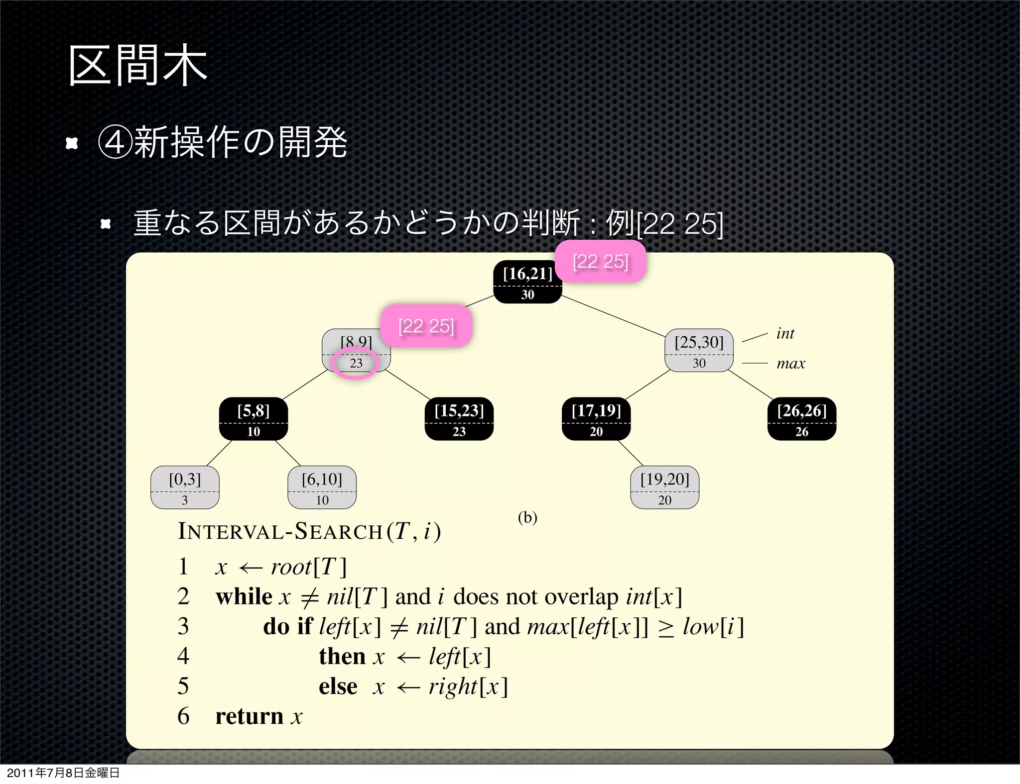 19      20
                                                                              17         19
                                                                        16                    21
                                                                      15                            23
                                                     8       9
                                                 6               10
                                            5            8
                              0         3
                               0             5               10         15               20               25      30
                                                                        (a)

                                                                                     :          [22 25]
                                                                                   [22 25]
                                                                      [16,21]
  314             Chapter 14 Augmenting Data Structures
                                                      30

                                                     [22 25]                                                      int
                                            [8,9]                                                       [25,30]
                  Step 4: Developing new operations
                                  23                                                                      30      max


                 The only new operation we need is I NTERVAL -S EARCH (T,[26,26]
                         [5,8]                [15,23]        [17,19]             i), which ﬁnds a node
                          10                    23              20                26
                 in tree T whose interval overlaps interval i. If there is no interval that overlaps i in
                [0,3] tree, a pointer to the sentinel nil[T ] is returned.
                 the            [6,10]                               [19,20]
                  3                   10                                                           20
                                                                        (b)
                  I NTERVAL -S EARCH (T, i)
                  1 x ← root[T ]
               Figure 14.4 An interval tree. (a) A set of 10 intervals, shown sorted bottom to top by left endpoint.
                   The while x that represents them. does not overlap int[x]
               (b)2 interval tree = nil[T ] and i An inorder tree walk of the tree lists the nodes in sorted
                               do if
               order by left endpoint. left[x] = nil[T ] and max[left[x]] ≥ low[i]
                  3
                  4                    then x ← left[x]
               Step 3: Maintaining the information
                  5                    else x ← right[x]
                  6 return x
               We must verify that insertion and deletion can be performed in O(lg n) time on an
               interval tree of n nodes. We can determine max[x] given interval int[x] and the
2011   7   8   max values of node x’s children: that overlaps i starts with x at the root
                  The search for an interval                                                                            of the tree and
 