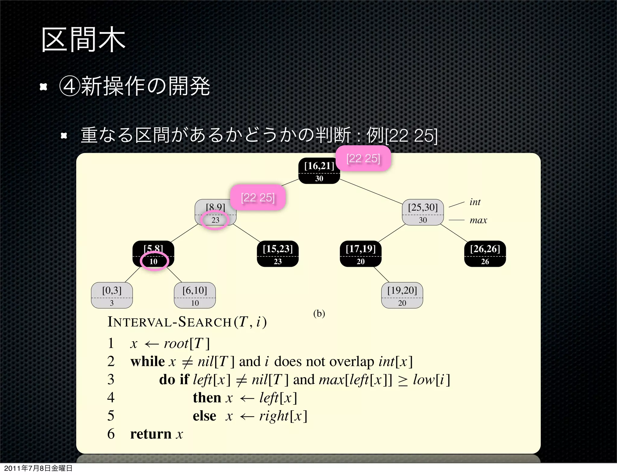 19      20
                                                                              17         19
                                                                        16                    21
                                                                      15                            23
                                                     8       9
                                                 6               10
                                            5            8
                              0         3
                               0             5               10         15               20               25      30
                                                                        (a)

                                                                                     :          [22 25]
                                                                                   [22 25]
                                                                      [16,21]
  314             Chapter 14 Augmenting Data Structures
                                                      30

                                                     [22 25]                                                      int
                                            [8,9]                                                       [25,30]
                  Step 4: Developing new operations
                                  23                                                                      30      max


                 The only new operation we need is I NTERVAL -S EARCH (T,[26,26]
                         [5,8]                [15,23]        [17,19]             i), which ﬁnds a node
                          10                    23              20                26
                 in tree T whose interval overlaps interval i. If there is no interval that overlaps i in
                [0,3] tree, a pointer to the sentinel nil[T ] is returned.
                 the            [6,10]                               [19,20]
                  3                   10                                                           20
                                                                        (b)
                  I NTERVAL -S EARCH (T, i)
                  1 x ← root[T ]
               Figure 14.4 An interval tree. (a) A set of 10 intervals, shown sorted bottom to top by left endpoint.
                   The while x that represents them. does not overlap int[x]
               (b)2 interval tree = nil[T ] and i An inorder tree walk of the tree lists the nodes in sorted
                               do if
               order by left endpoint. left[x] = nil[T ] and max[left[x]] ≥ low[i]
                  3
                  4                    then x ← left[x]
               Step 3: Maintaining the information
                  5                    else x ← right[x]
                  6 return x
               We must verify that insertion and deletion can be performed in O(lg n) time on an
               interval tree of n nodes. We can determine max[x] given interval int[x] and the
2011   7   8   max values of node x’s children: that overlaps i starts with x at the root
                  The search for an interval                                                                            of the tree and
 