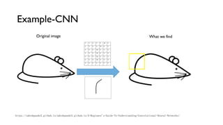 Example-CNN
https://adeshpande3.github.io/adeshpande3.github.io/A-Beginner's-Guide-To-Understanding-Convolutional-Neural-Networks/
Original image What we find
 