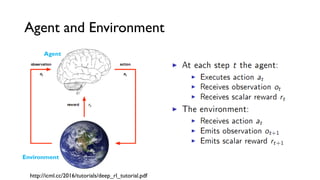 Agent and Environment
http://icml.cc/2016/tutorials/deep_rl_tutorial.pdf
Agent
Environment
 
