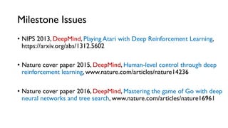 Milestone Issues
•  NIPS 2013, DeepMind, Playing Atari with Deep Reinforcement Learning,
https://arxiv.org/abs/1312.5602
•  Nature cover paper 2015, DeepMind, Human-level control through deep
reinforcement learning, www.nature.com/articles/nature14236
•  Nature cover paper 2016, DeepMind, Mastering the game of Go with deep
neural networks and tree search, www.nature.com/articles/nature16961
 