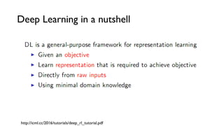 Deep Learning in a nutshell
http://icml.cc/2016/tutorials/deep_rl_tutorial.pdf
 