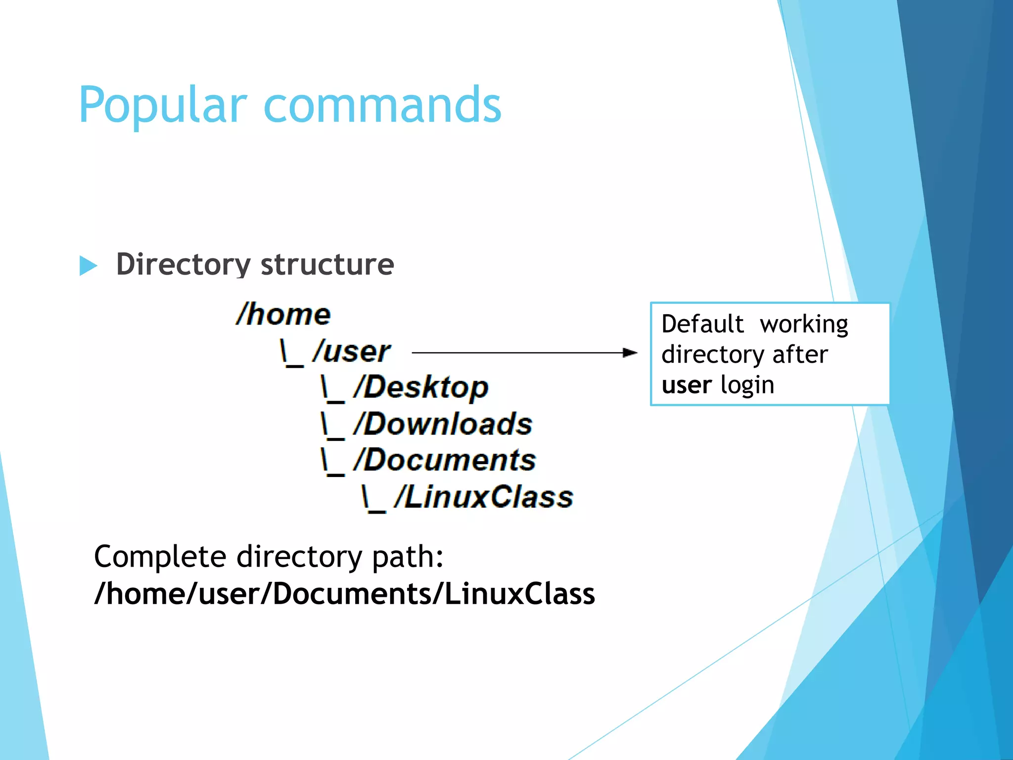 Popular commands
 Directory structure
Default working
directory after
user login
Complete directory path:
/home/user/Documents/LinuxClass
 