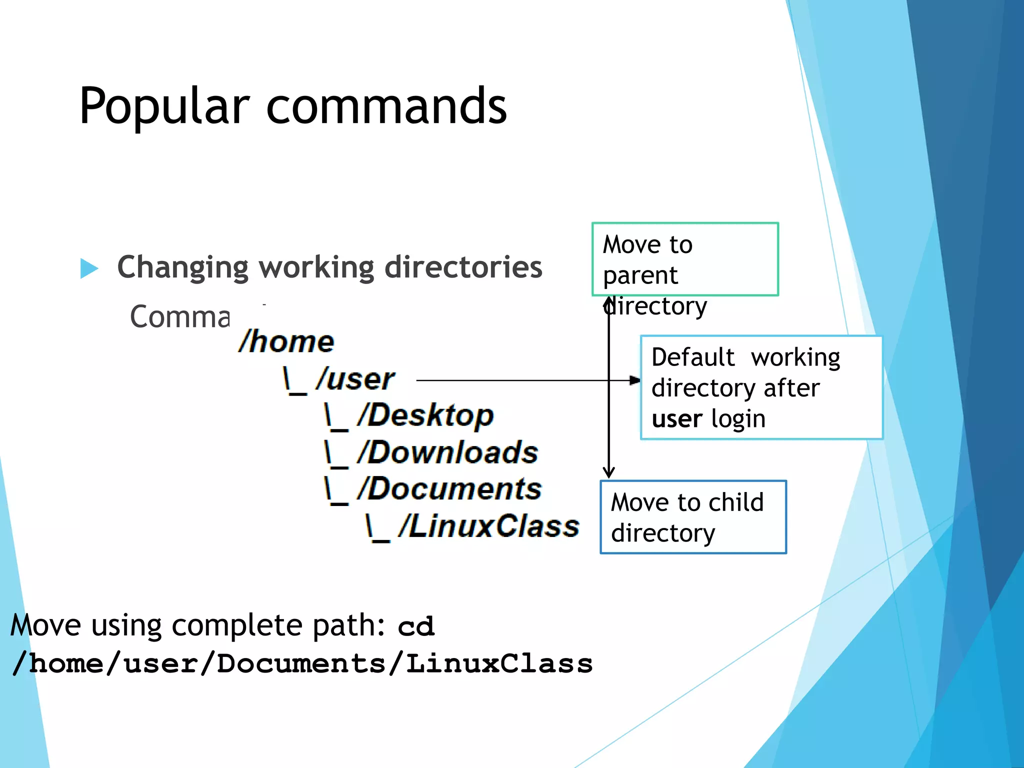 Popular commands
 Changing working directories
Command: cd
Default working
directory after
user login
Move to
parent
directory
Move to child
directory
Move using complete path: cd
/home/user/Documents/LinuxClass
 