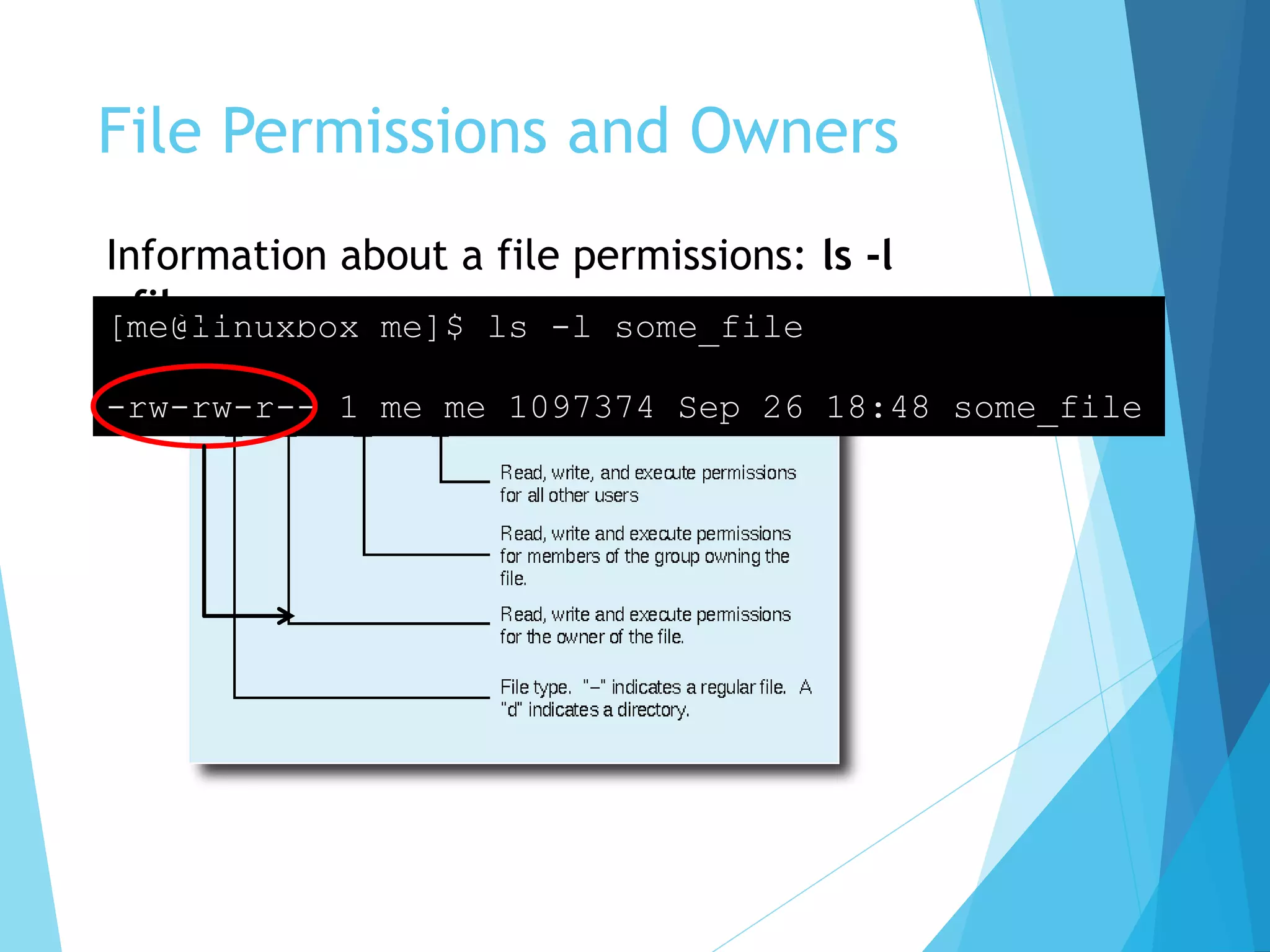File Permissions and Owners
[me@linuxbox me]$ ls -l some_file
-rw-rw-r-- 1 me me 1097374 Sep 26 18:48 some_file
Information about a file permissions: ls -l
<file_name>
 